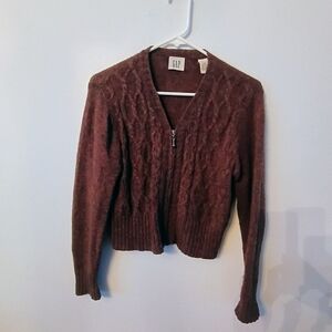 Gap Vintage Wool Cable Knit Zip Cardigan Sweater Brown Marled XS
